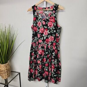 Vintage Handmade‎ Floral Cottagecore Black Red Rose Print Sleeveless Sundress